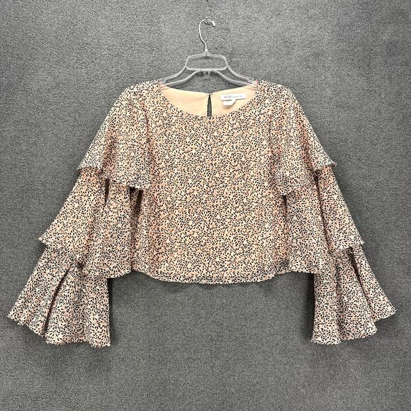 BCBGeneration Top Womans XS Pink Floral Bell layered Long Sleeve metallic Thread - Picture 1 of 16